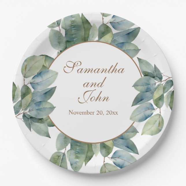 Beautiful soft green teal leaves gold calligraphy  paper plate (Front)