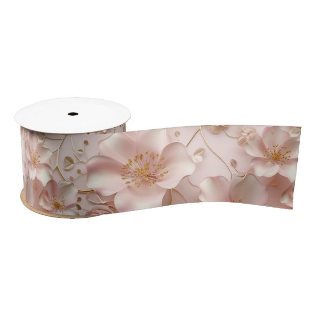 Beautiful Soft Pink Pastel Floral Satin Ribbon (Spool)
