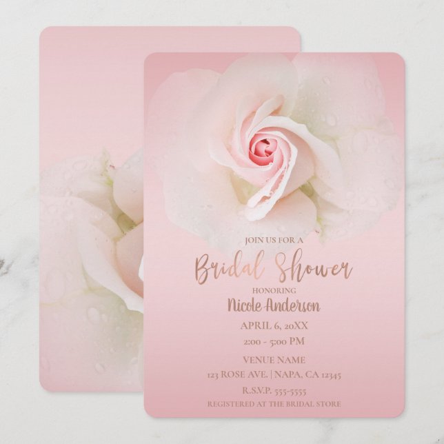 Beautiful Soft Pink Wet Rose Elegant Bridal Shower Invitation (Front/Back)