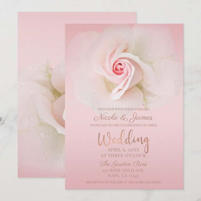 Beautiful Soft Pink Wet Rose Elegant Wedding Invitation (Front/Back)