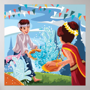 Beautiful Songkran Festival Throwing Water Poster