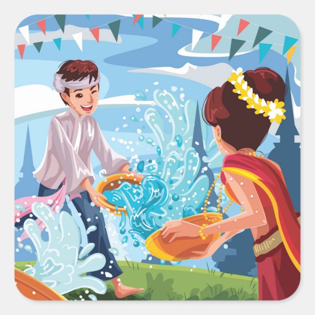Beautiful Songkran Festival Throwing Water Square Sticker (Front)