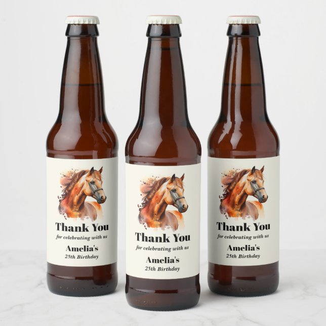 Beautiful Sorrel Horse Portrait Birthday Thank You Beer Bottle Label (Bottles)