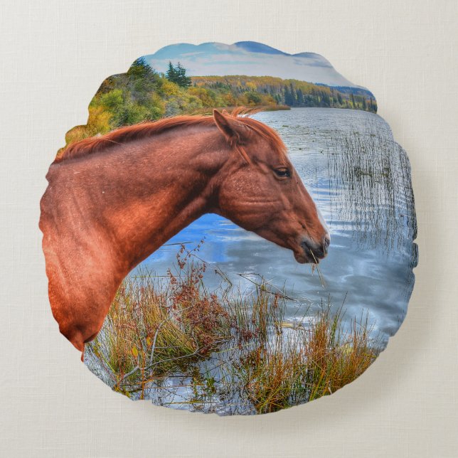 Beautiful Sorrel Mare & Lake View Equine Photo 2 Round Cushion (Front)