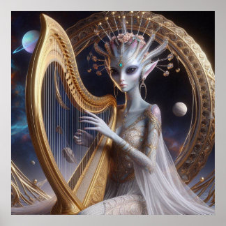 Beautiful Space Alien Woman Playing Harp Poster