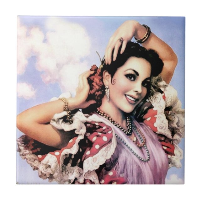 Beautiful Spanish Flamenco Dancer in Red Polka Dot Tile (Front)