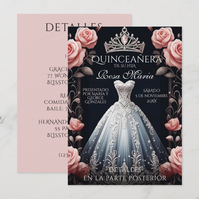 Beautiful Spanish Quinceañera Rose Invitation (Front/Back)