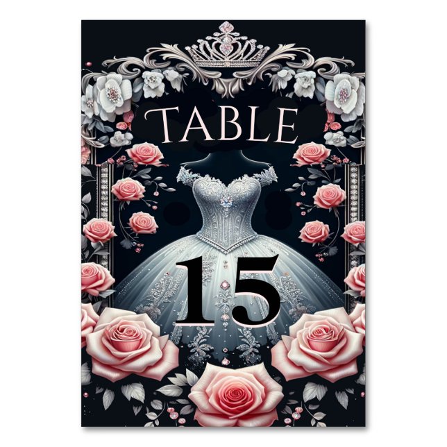 Beautiful Spanish Quinceañera Rose Table Number (Front)