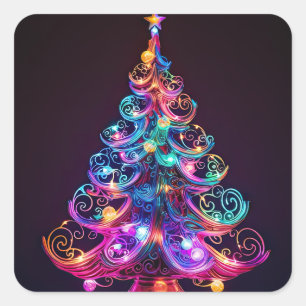 Beautiful Sparkling Neon Christmas Tree Holiday Square Sticker