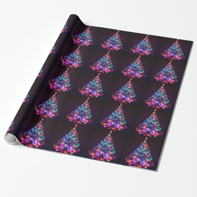 Beautiful Sparkling Neon Christmas Tree Holiday Wrapping Paper (Unrolled)