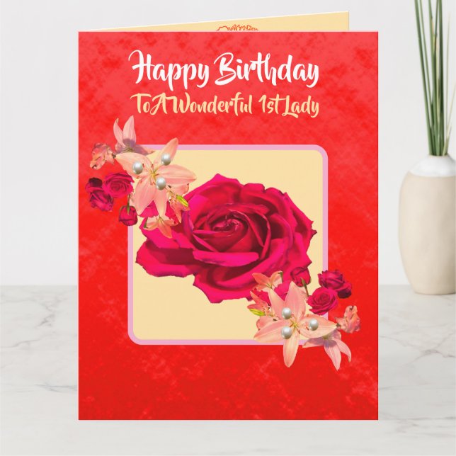 Beautiful Sparkling Red Rose 1st Lady Birthday Card (Front)