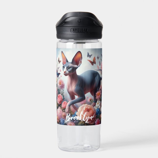 Beautiful Sphynx Cat & Flowers Water Bottle (Back)