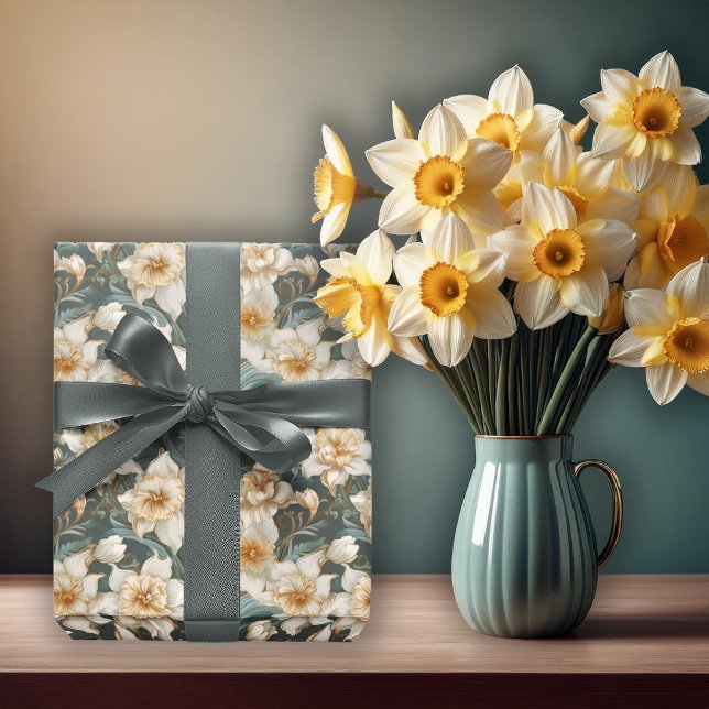 Beautiful Spring Baroque Daffodils Floral Pattern Wrapping Paper (Beautiful Spring Baroque Daffodils Floral Seamless Pattern Wrapping Paper)