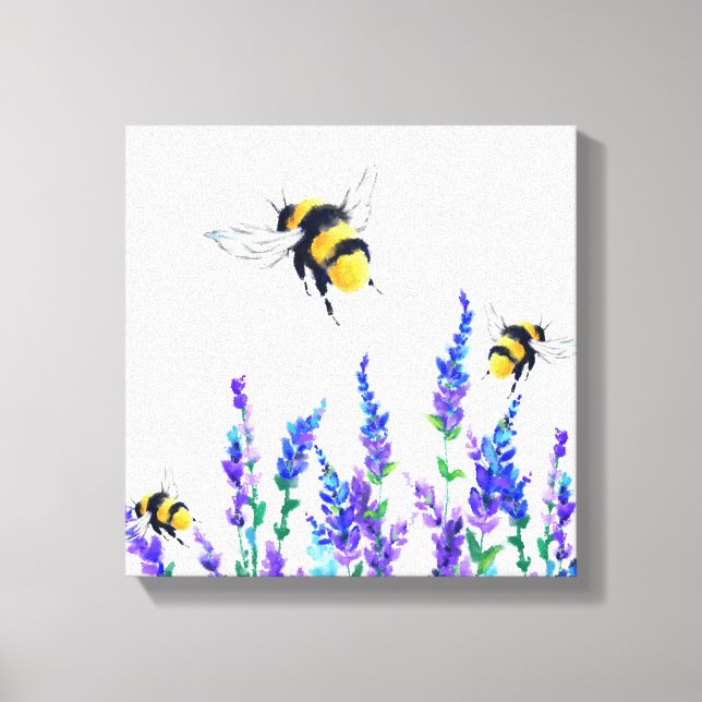 Beautiful Spring Flowers and Bees Flying - Drawing Canvas Print (Front)