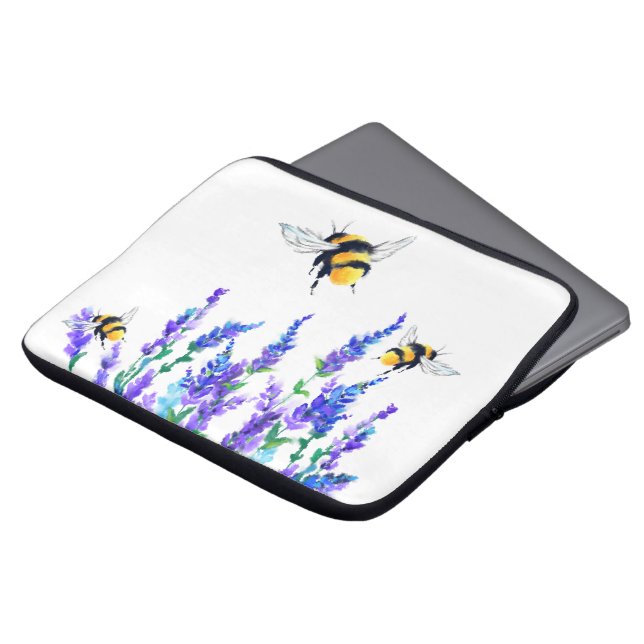 Beautiful Spring Flowers and Bees Flying - Drawing Laptop Sleeve (Front Top)