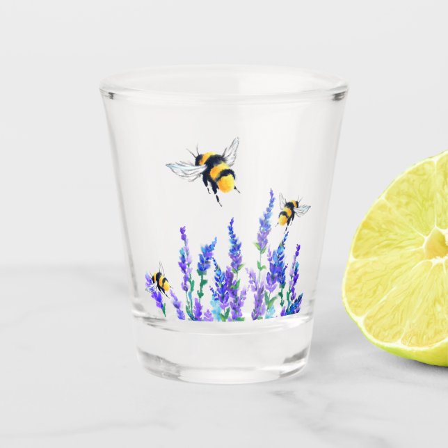 Beautiful Spring Flowers and Bees Flying - Drawing Shot Glass (Front)