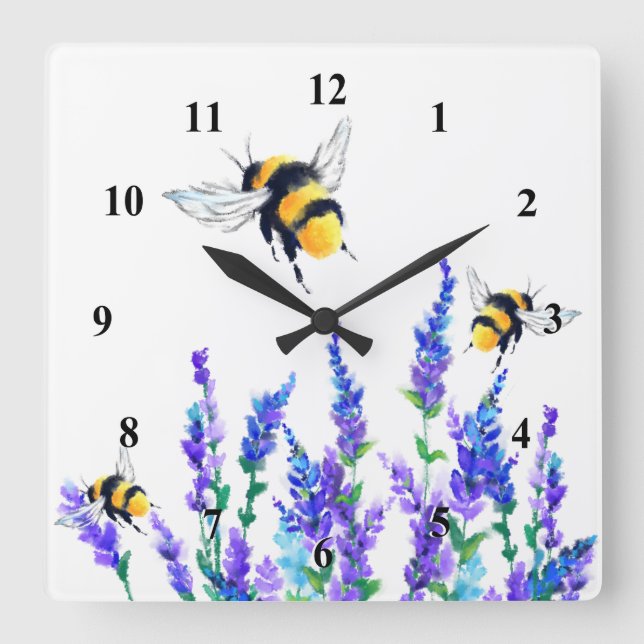 Beautiful Spring Flowers and Bees Flying - Drawing Square Wall Clock (Front)