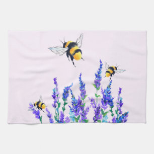 Beautiful Spring Flowers and Bees Flying Drawing Tea Towel