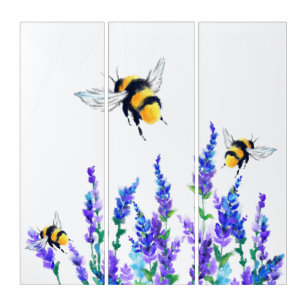 Beautiful Spring Flowers and Bees Flying - Drawing Triptych