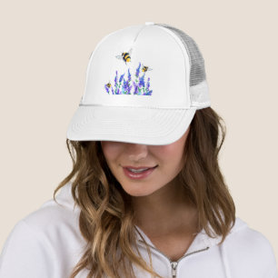 Beautiful Spring Flowers and Bees Flying - Drawing Trucker Hat