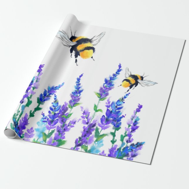 Beautiful Spring Flowers and Bees Flying - Drawing Wrapping Paper (Unrolled)