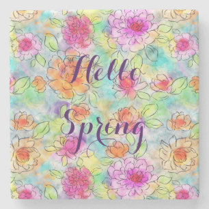 Beautiful spring flowers watercolor paint stone coaster
