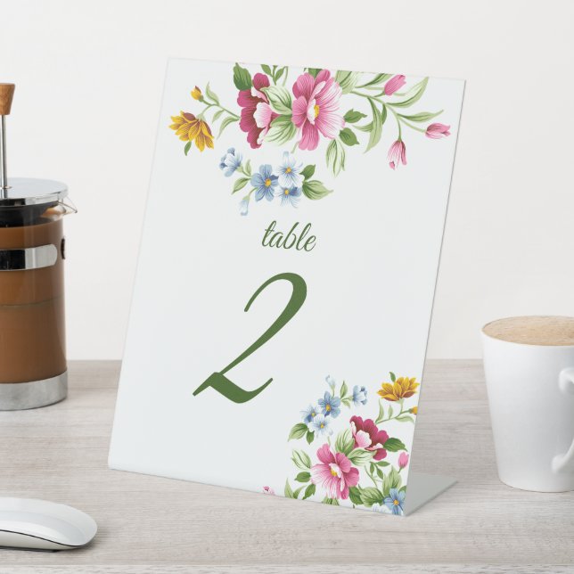 Beautiful Spring Flowers Wedding Table Number Pedestal Sign (In SItu)
