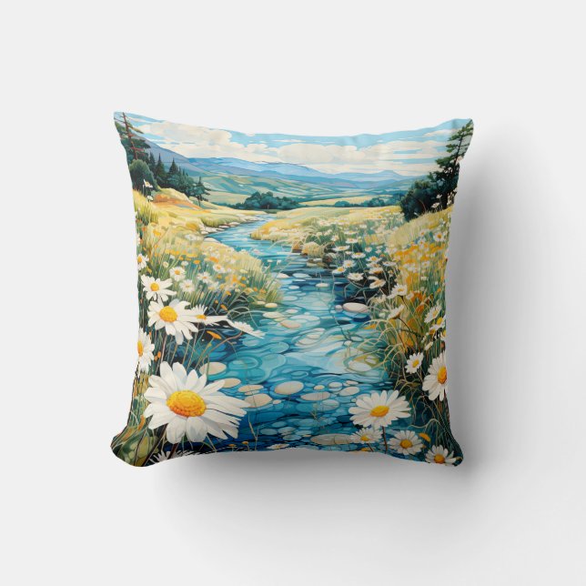 Beautiful Spring Meadow Illustration Cushion (Front)
