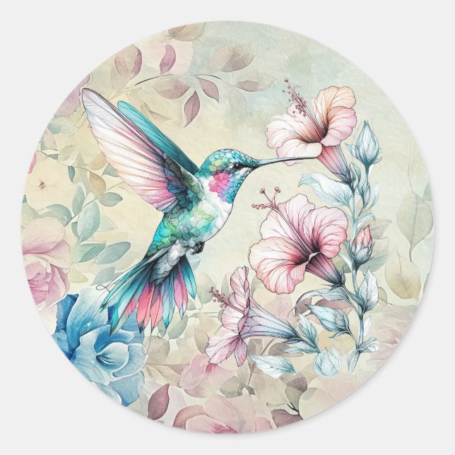 Beautiful Spring  Watercolor Floral Hummingbird Classic Round Sticker (Front)