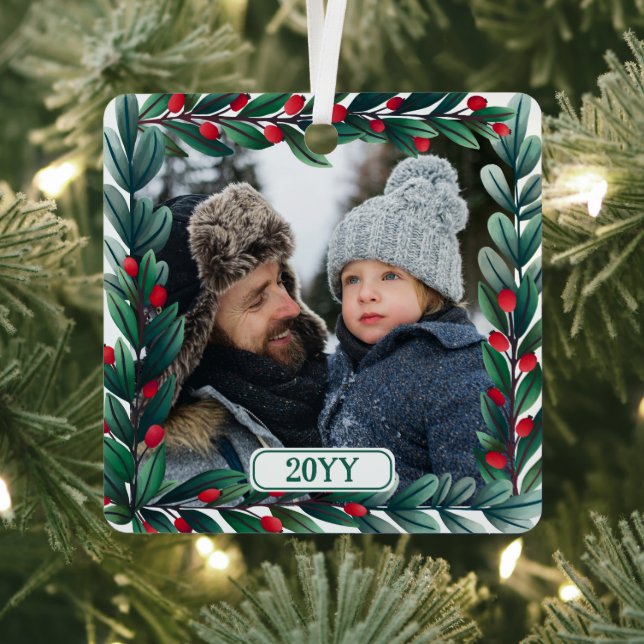 Beautiful Square Christmas Wreath Add Photo & Year Metal Tree Decoration (Insitu)