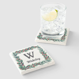 Beautiful Square Christmas Wreath Monogram Stone Coaster
