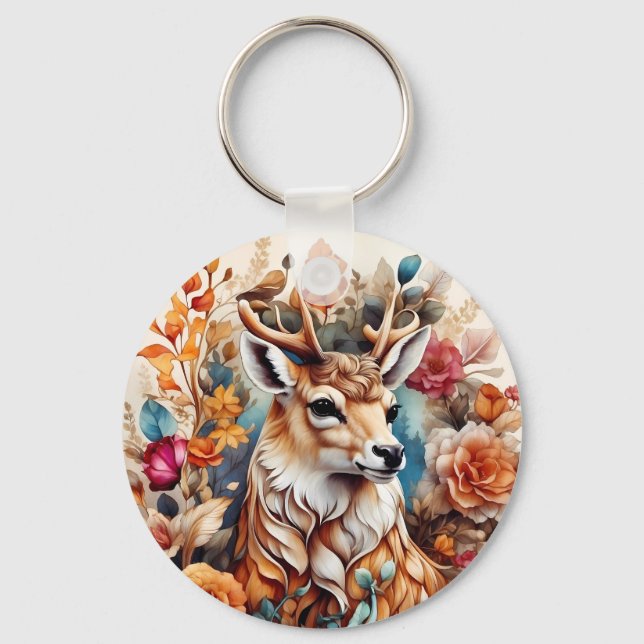 Beautiful Stag in amongst flowers Key Ring (Front)