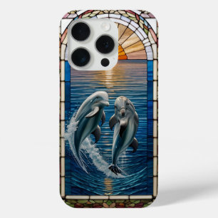 Beautiful Stained Glass Art With Jumping Dolphins iPhone 15 Pro Case