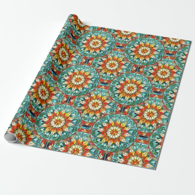 Beautiful Stained Glass Flower Mandala Pattern Wrapping Paper (Unrolled)