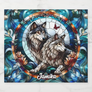Beautiful Stained Glass Look Wolf Pair Beer Bottle Label