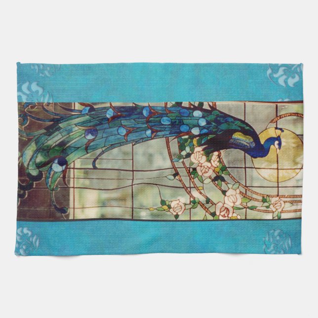 Beautiful Stained Glass Peacock Tea Towel (Horizontal)