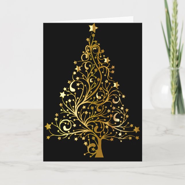 Beautiful starry metallic gold Christmas tree Holiday Card (Front)