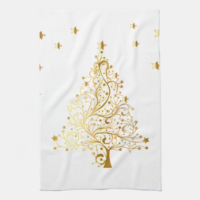 Beautiful starry metallic gold Christmas tree Tea Towel (Vertical)