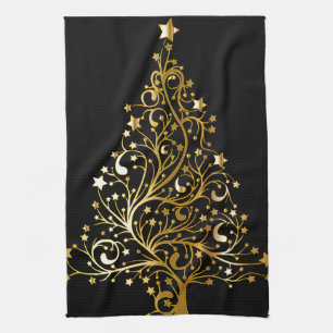 Beautiful starry metallic gold Christmas tree Tea Towel