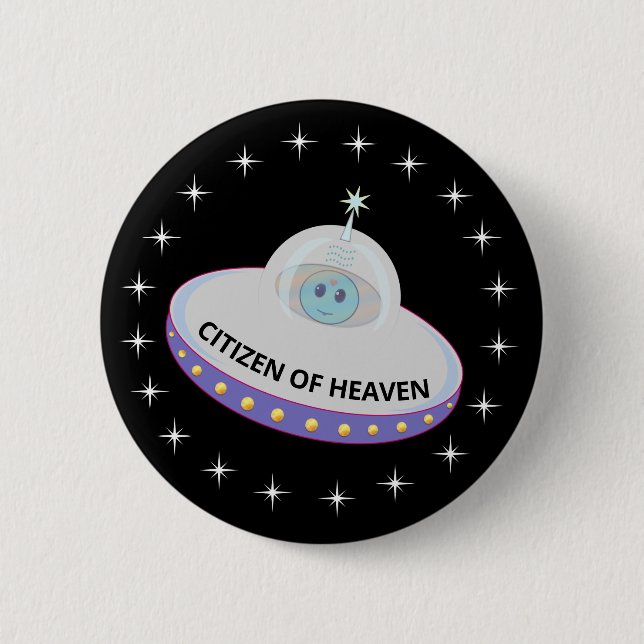 Beautiful stars, flying saucer & alien cartoon 6 cm round badge (Front)