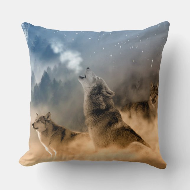 Beautiful Stars Foggy Cold Night Wolfs Howl Cushion (Front)
