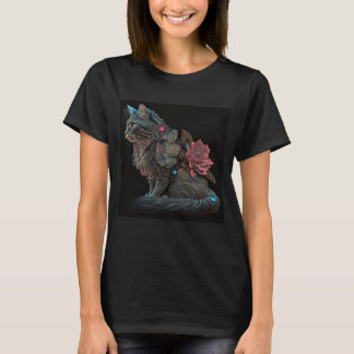 Beautiful steampunk cat with pink flowers T-Shirt
