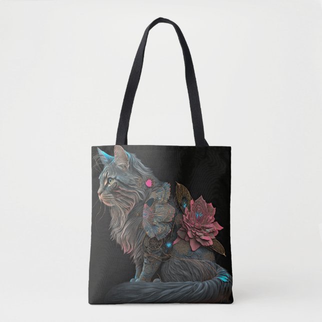 Beautiful steampunk cat with pink flowers tote bag (Front)