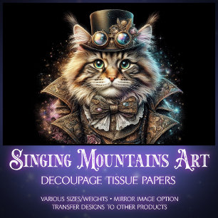 Beautiful Steampunk Maine Coon Cat Decoupage  Tissue Paper