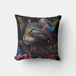 Beautiful steampunk Maine Coon with flowers AI art Cushion