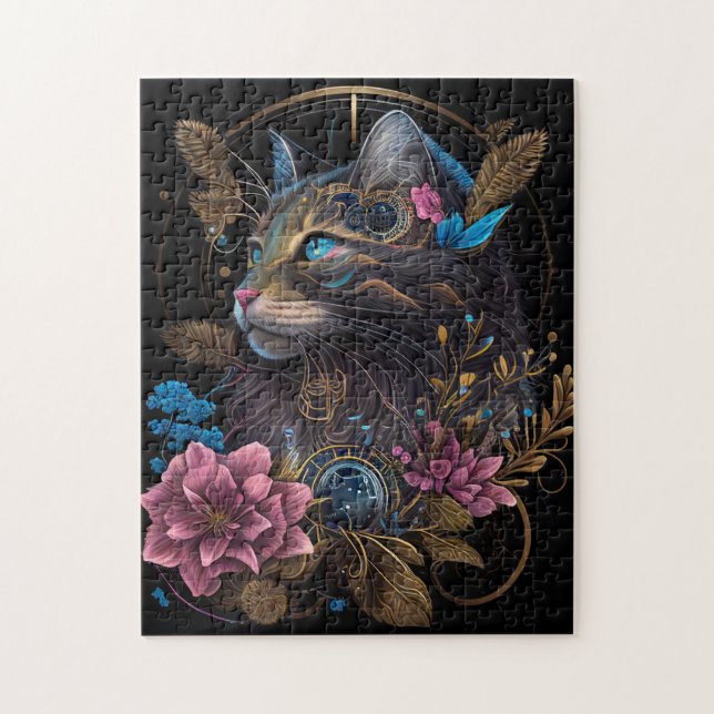 Beautiful steampunk Maine Coon with flowers AI art Jigsaw Puzzle (Vertical)