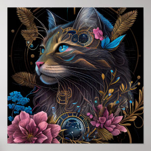 Beautiful steampunk Maine Coon with flowers AI art Poster