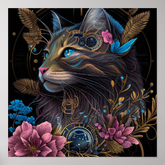 Beautiful steampunk Maine Coon with flowers AI art Poster
