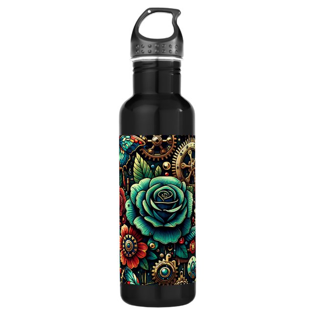 Beautiful Steampunk Themed Gears and Roses 710 Ml Water Bottle (Front)