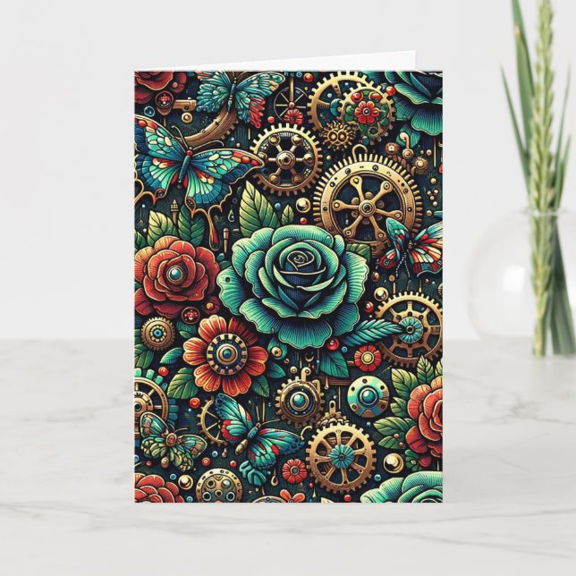 Beautiful Steampunk Themed Gears and Roses Blank Card (Front)